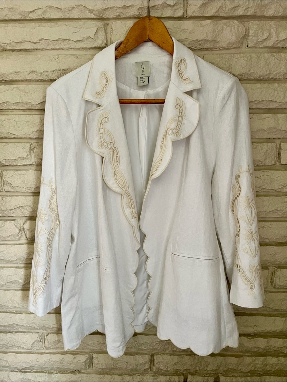 Joie Linen Blend Embroidered Open Front Jacket Size X-Large Scallop Trim White